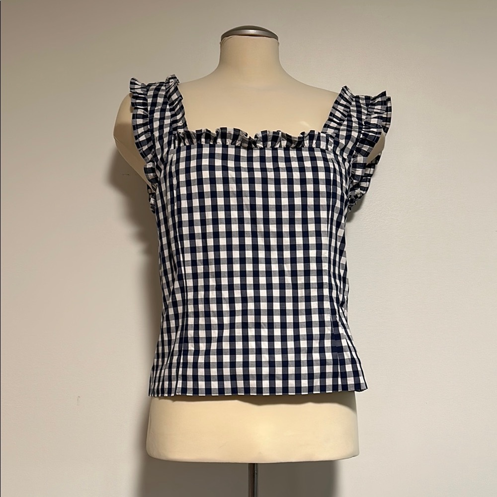 Gingham Ruffle Sleeve Top - Blue and White